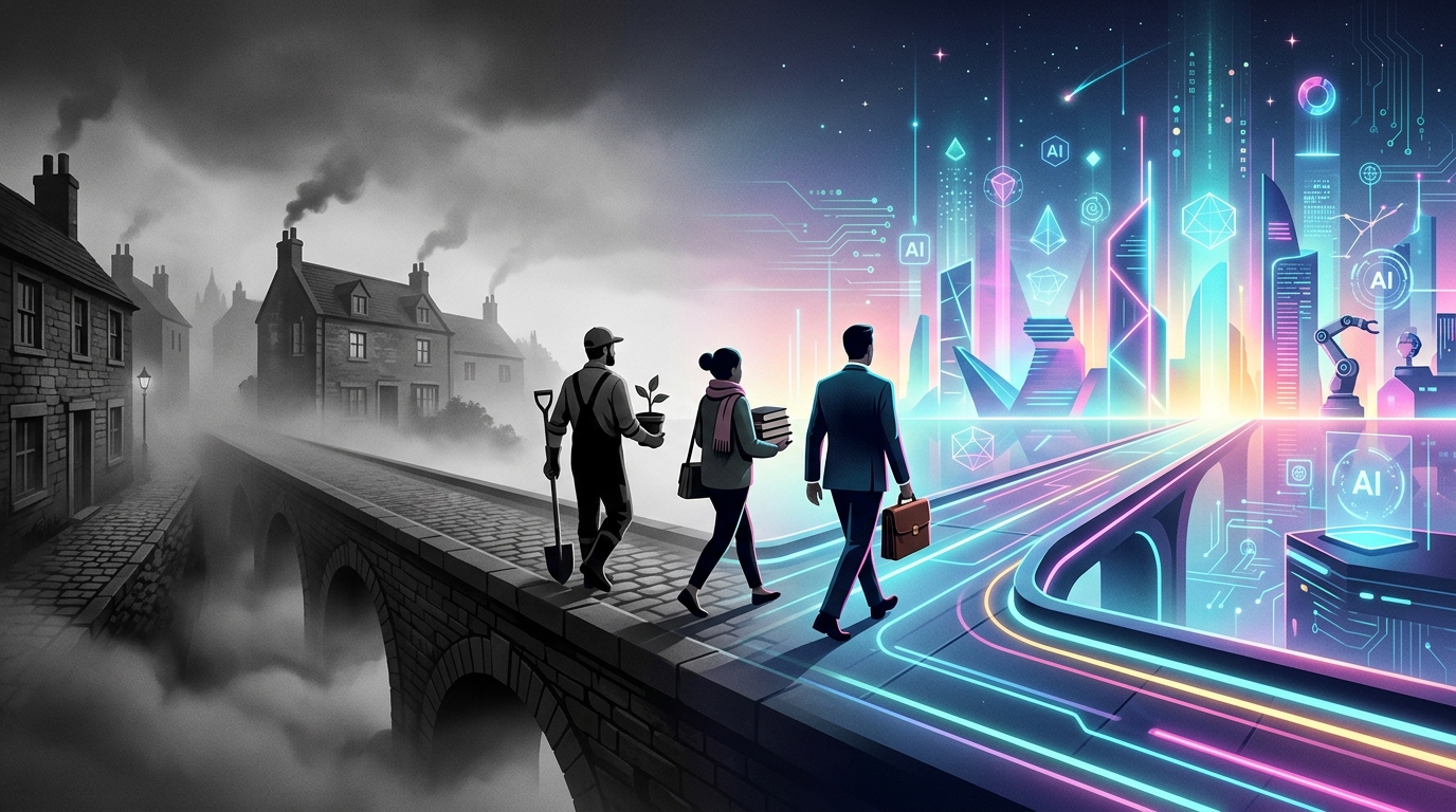 A gardener, librarian and banker crossing a bridge from a dark analog past into a colourful AI and robotics future — generated with Nano Banana